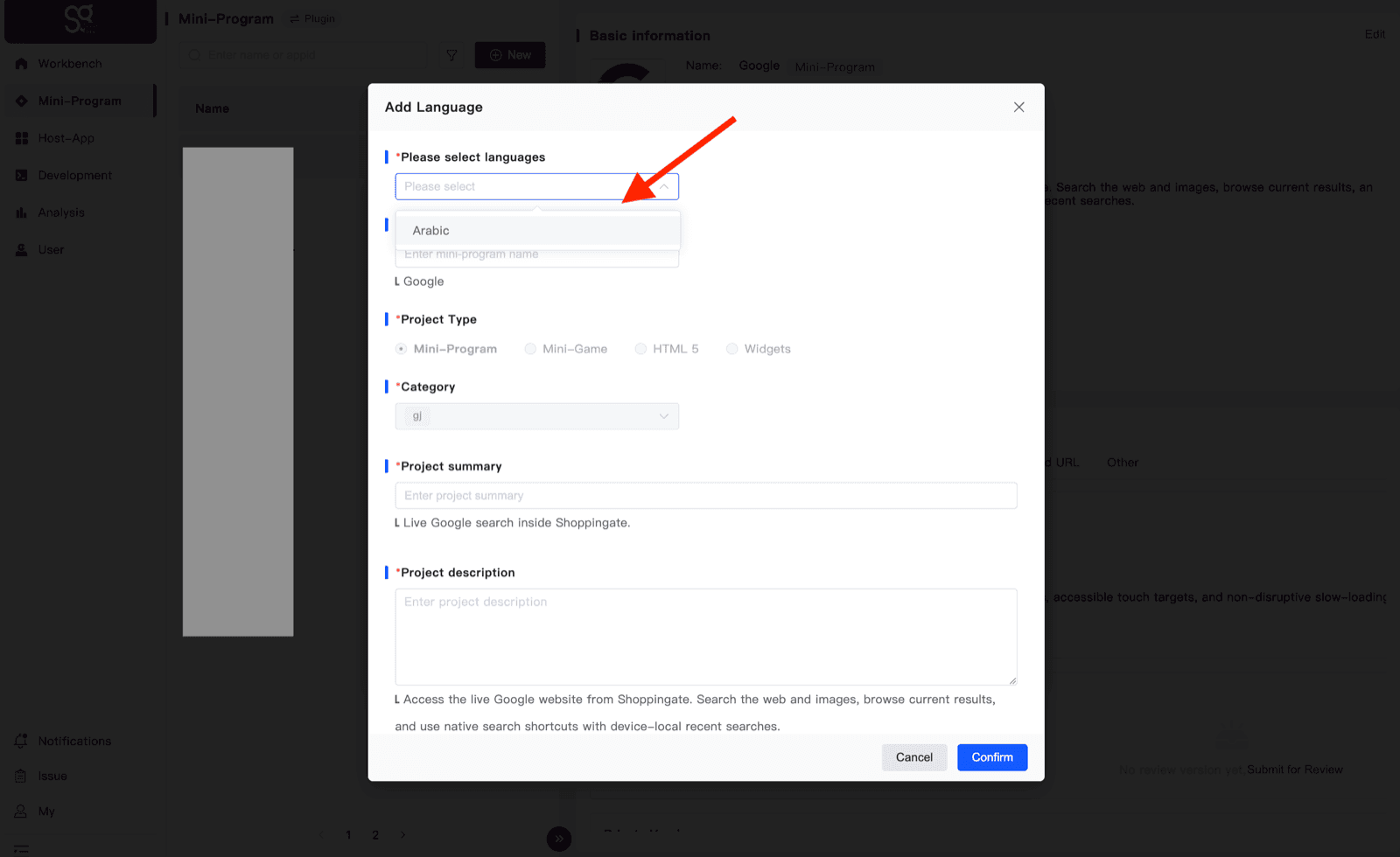 The Add Language form with Arabic selected in the language list