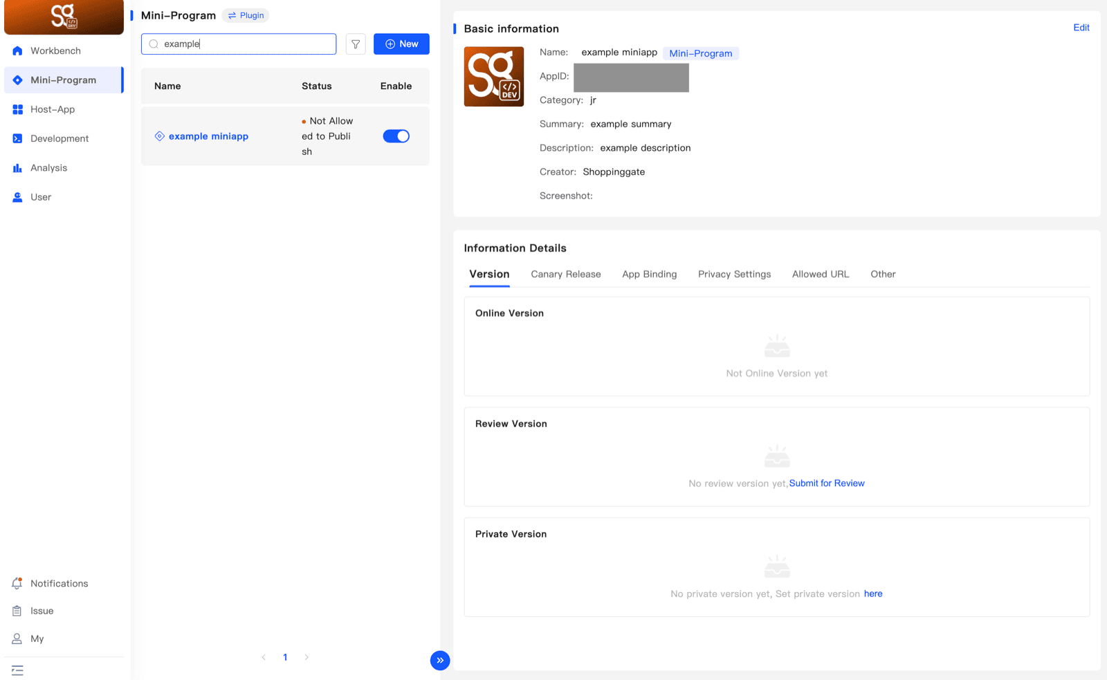 An approved Mini App with status Not Allowed to Publish and the Information Details section