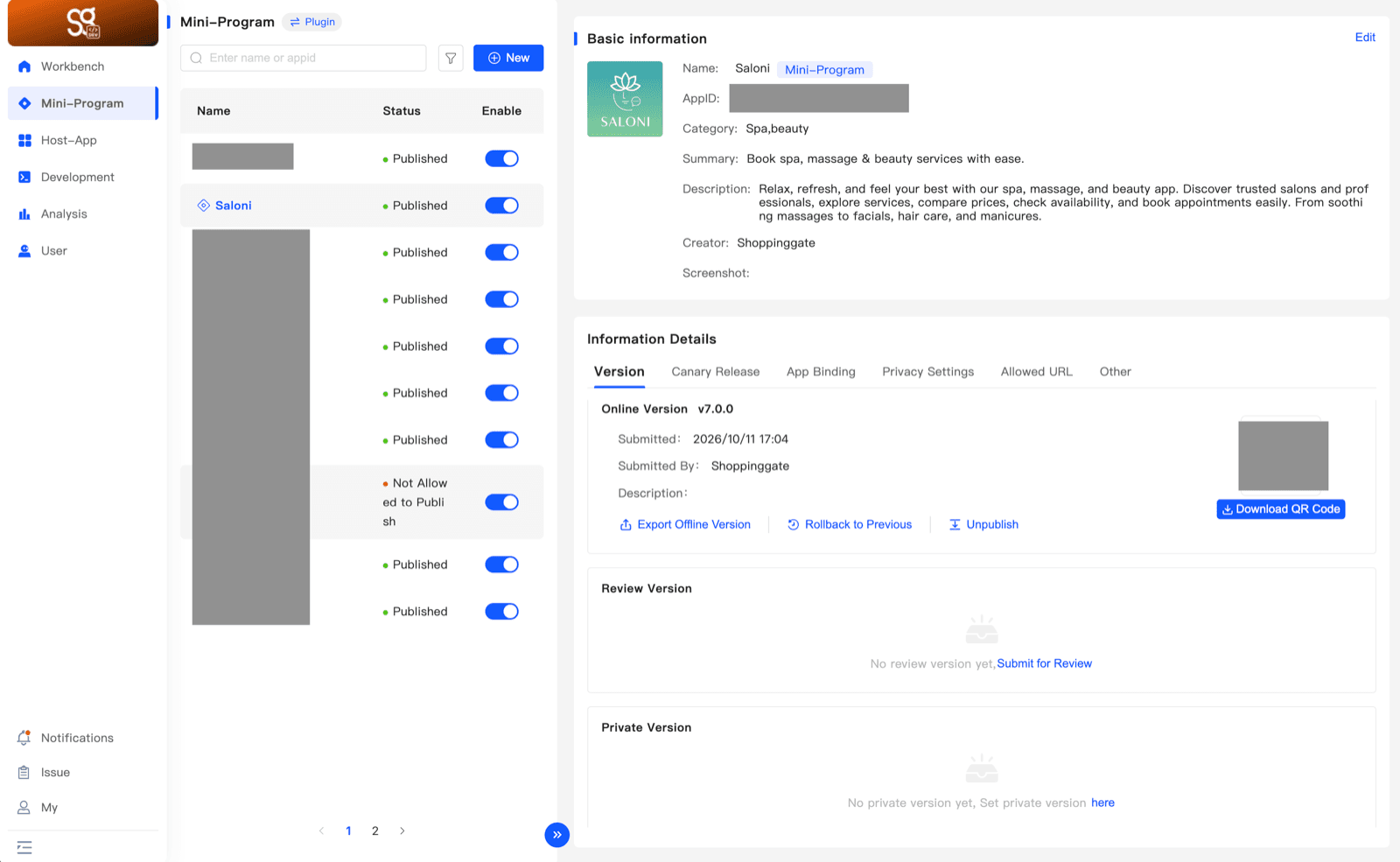 The Mini-Program page with the list of Mini Apps on the left and the selected Mini App's details on the right