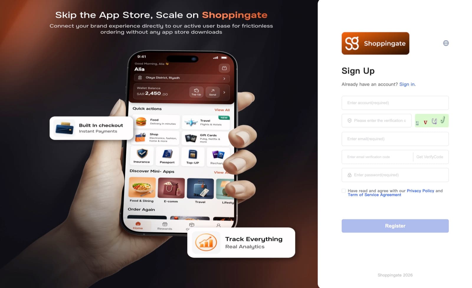 The Dev portal Sign Up form with account, verification code, email, email verification code and password fields