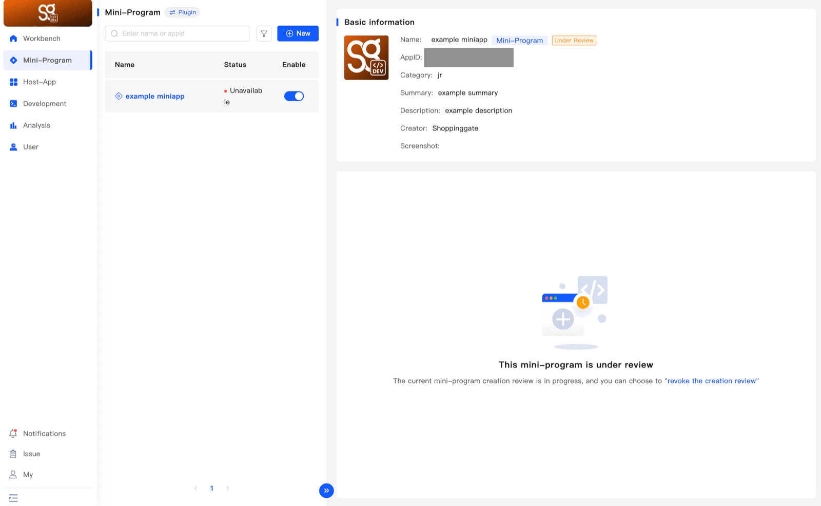 A new Mini App under review, with status Unavailable and the revoke the creation review link