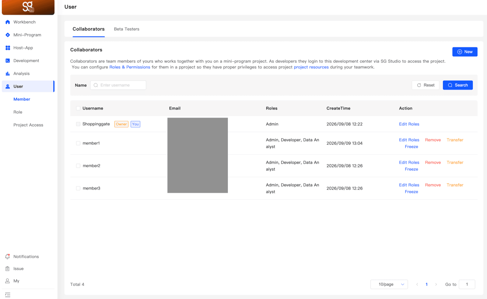 The Collaborators list with each member's username, roles, create time and actions