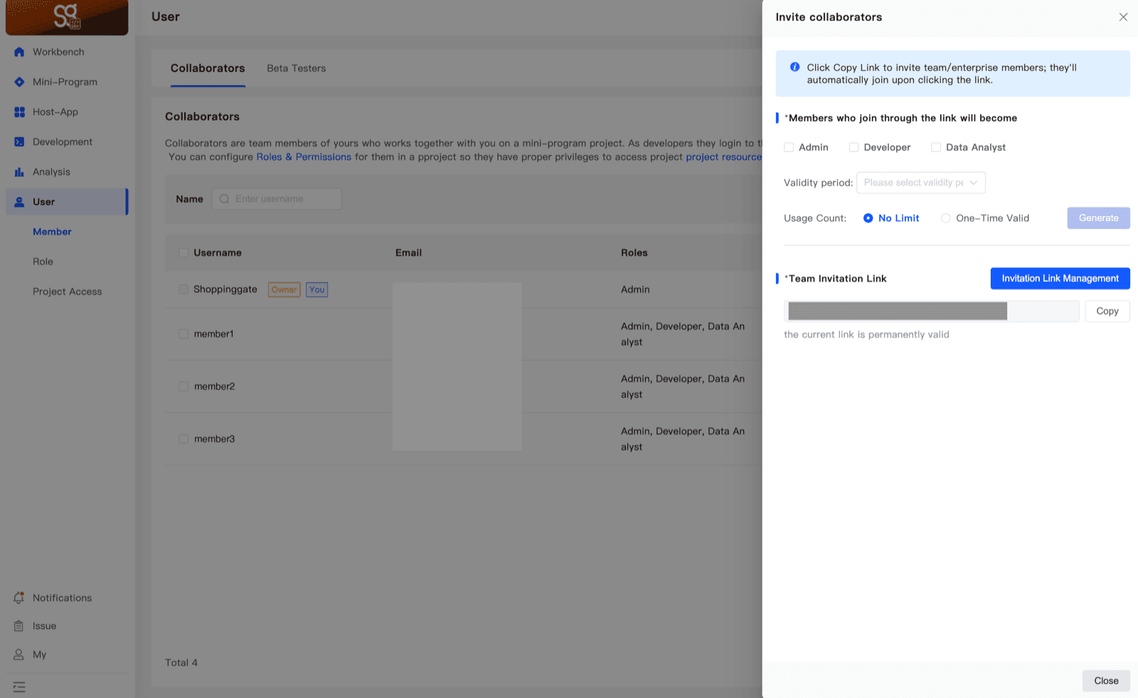 The Invite collaborators panel with the role checkboxes, validity period, usage count and the team invitation link