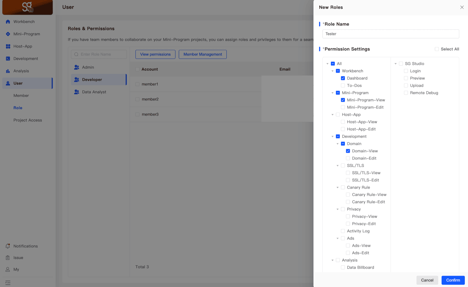 The New Roles panel with the role name Tester and its permission tree
