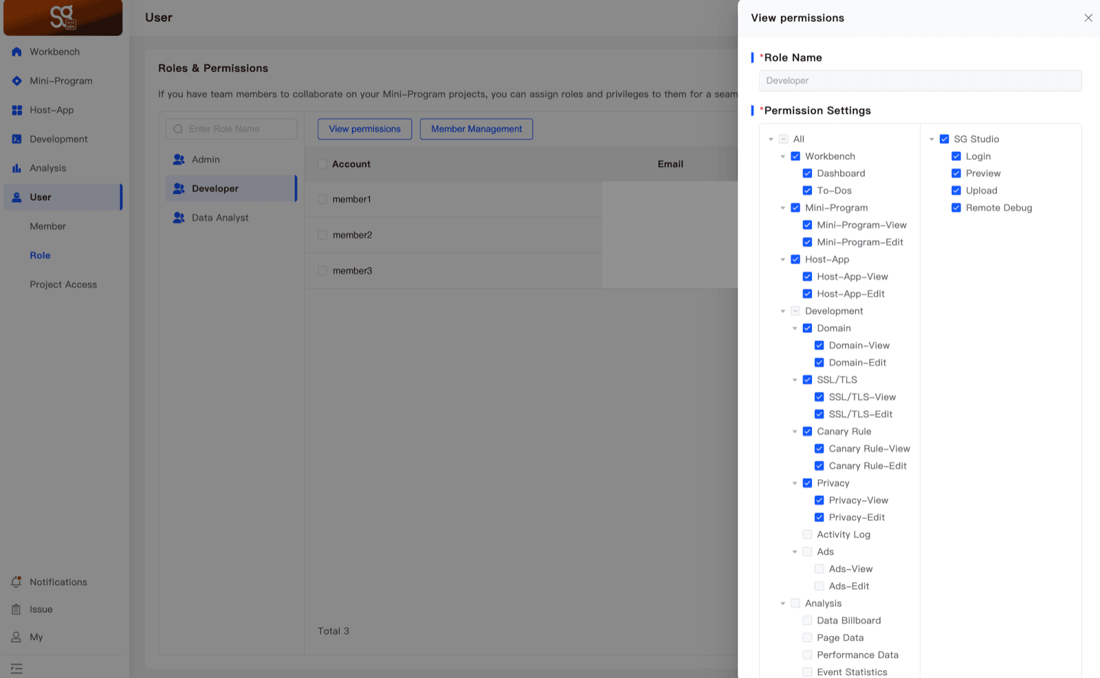 View permissions for the Developer role, showing its permission tree