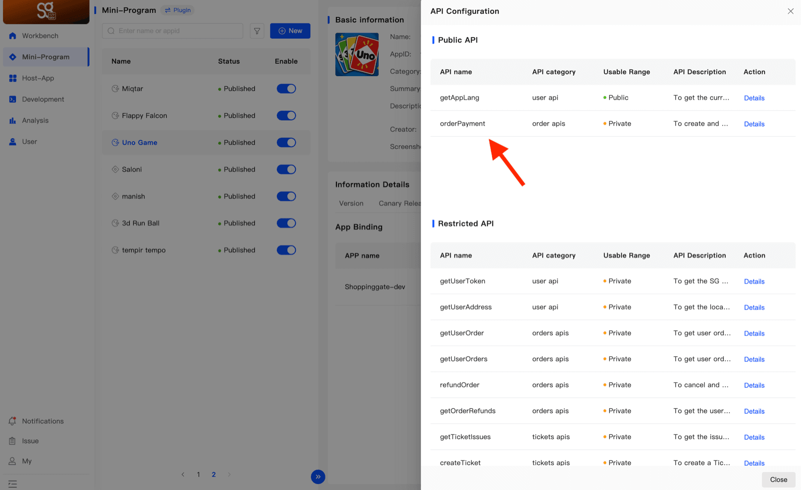 API Configuration after approval, with orderPayment now in the Public API list