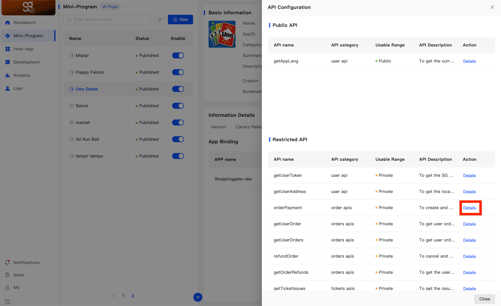API Configuration with the Public API list and the Restricted API list, and the Details action on orderPayment