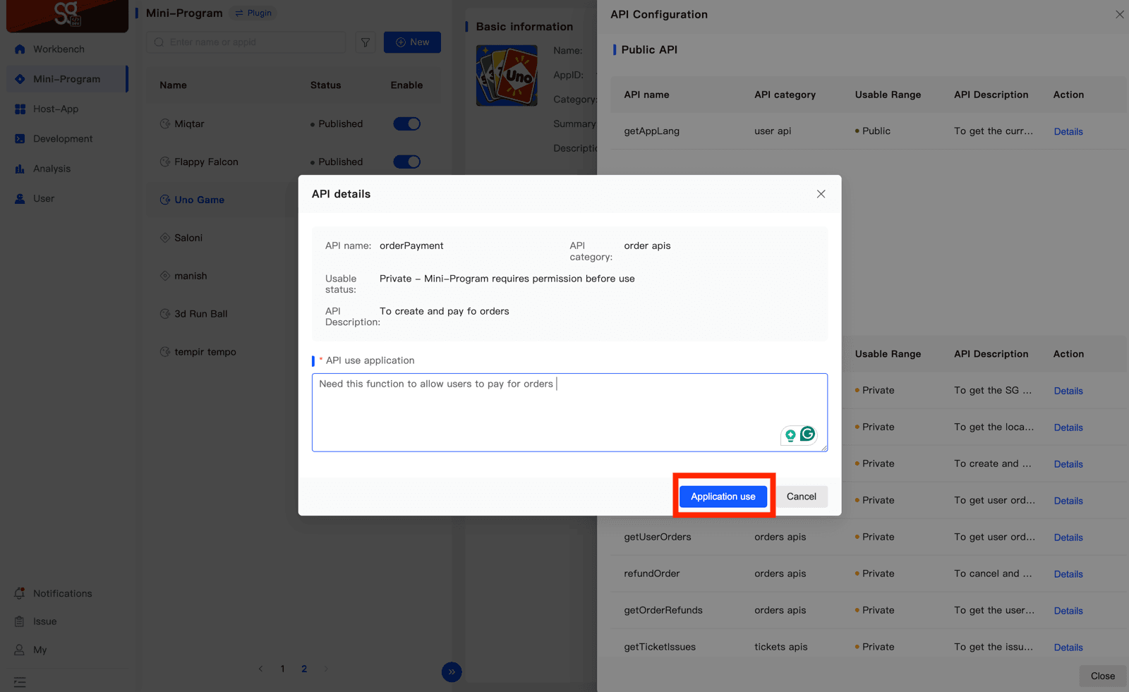 The API details dialog for orderPayment, with the API use application field and the Application use button