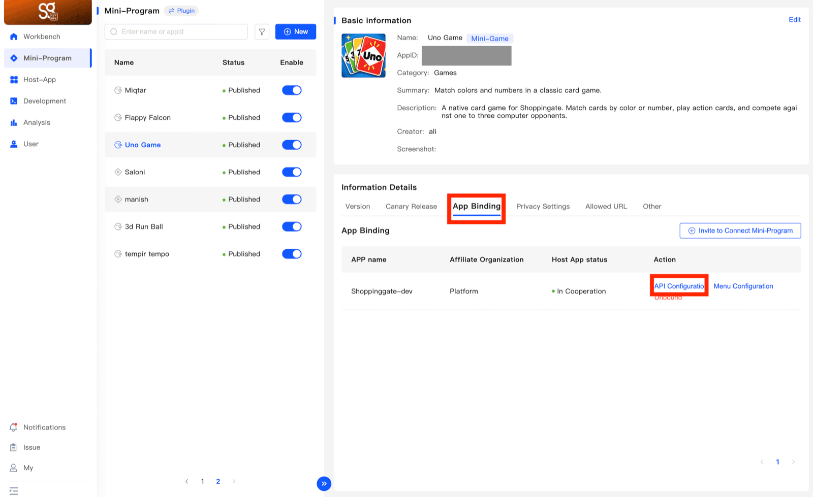 The App Binding tab of a Mini App, with the API Configuration action on the host app row