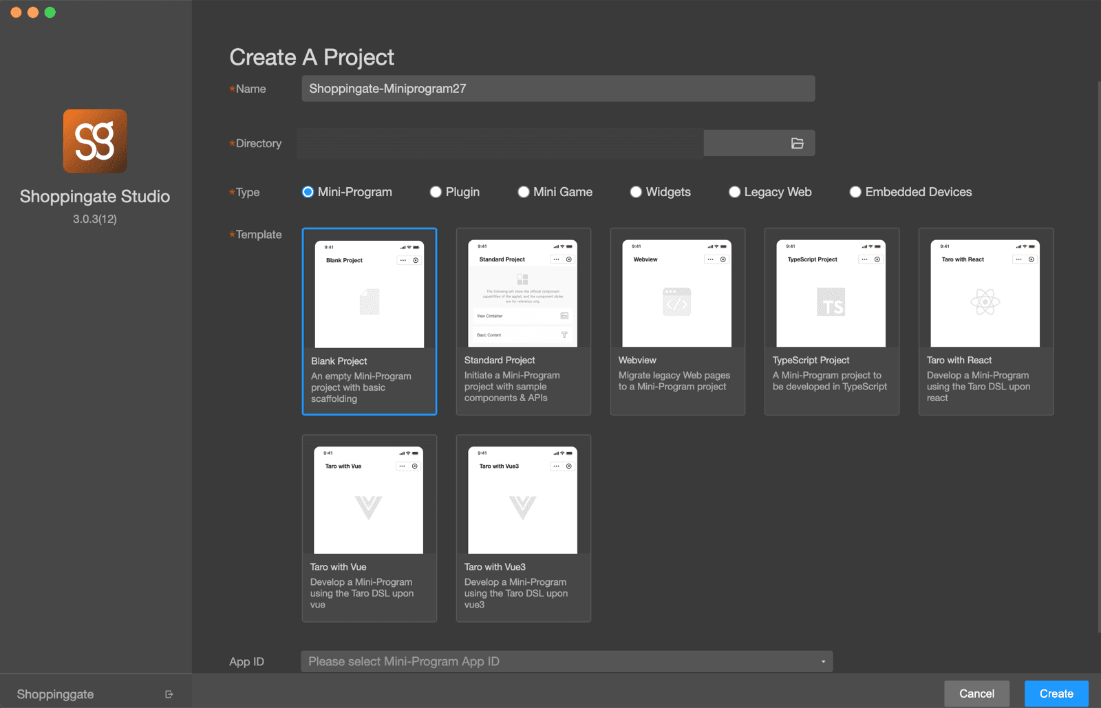 The Create A Project screen with the name, directory, type, template and App ID fields