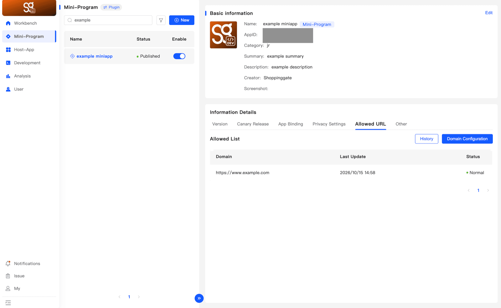 The Allowed List with https://www.example.com, its last update time and status Normal
