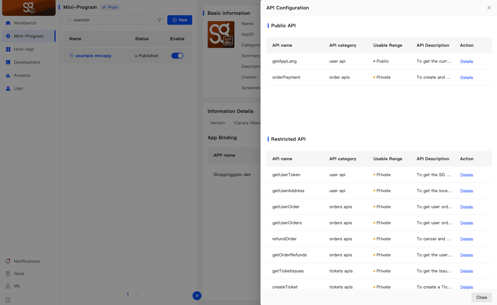 API Configuration after approval, with orderPayment in the Public API list