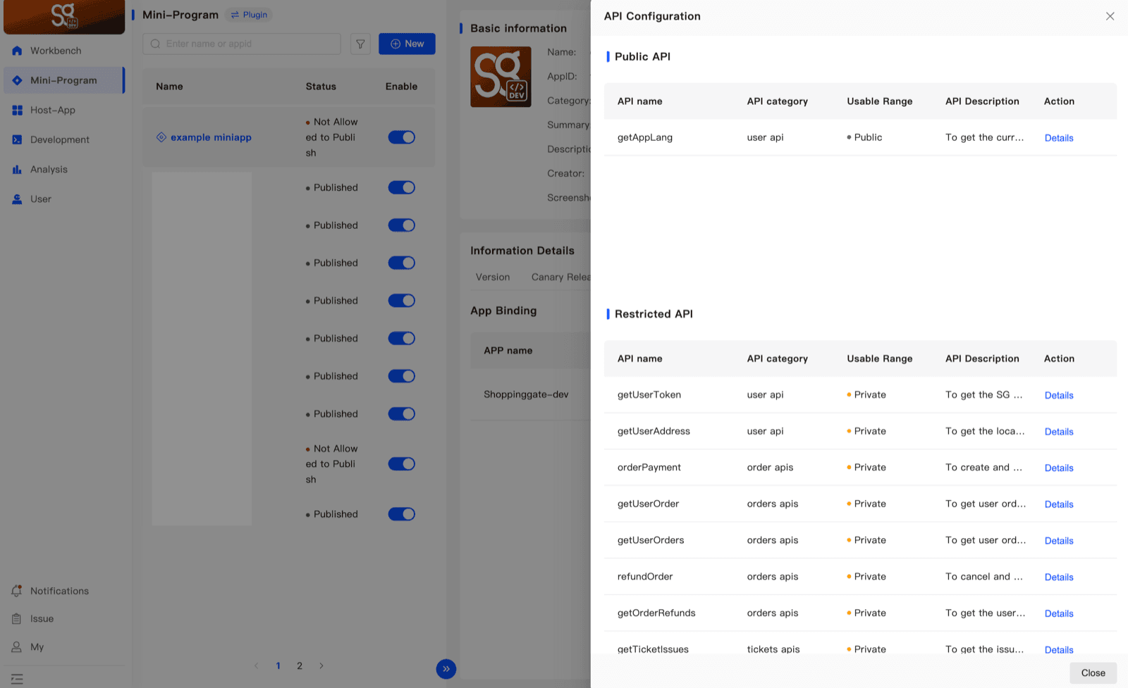 API Configuration with the Public API list and the Restricted API list, each row with a Details action