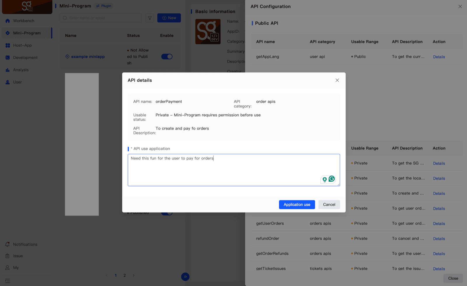 The API details dialog for orderPayment with the API use application field and the Application use button