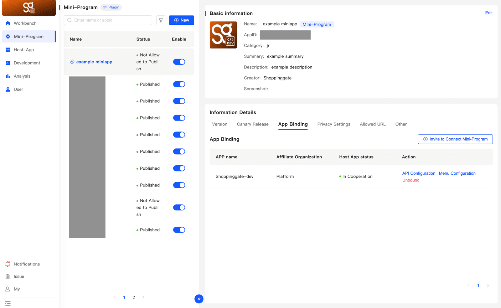 The App Binding tab with the host app row and the API Configuration action