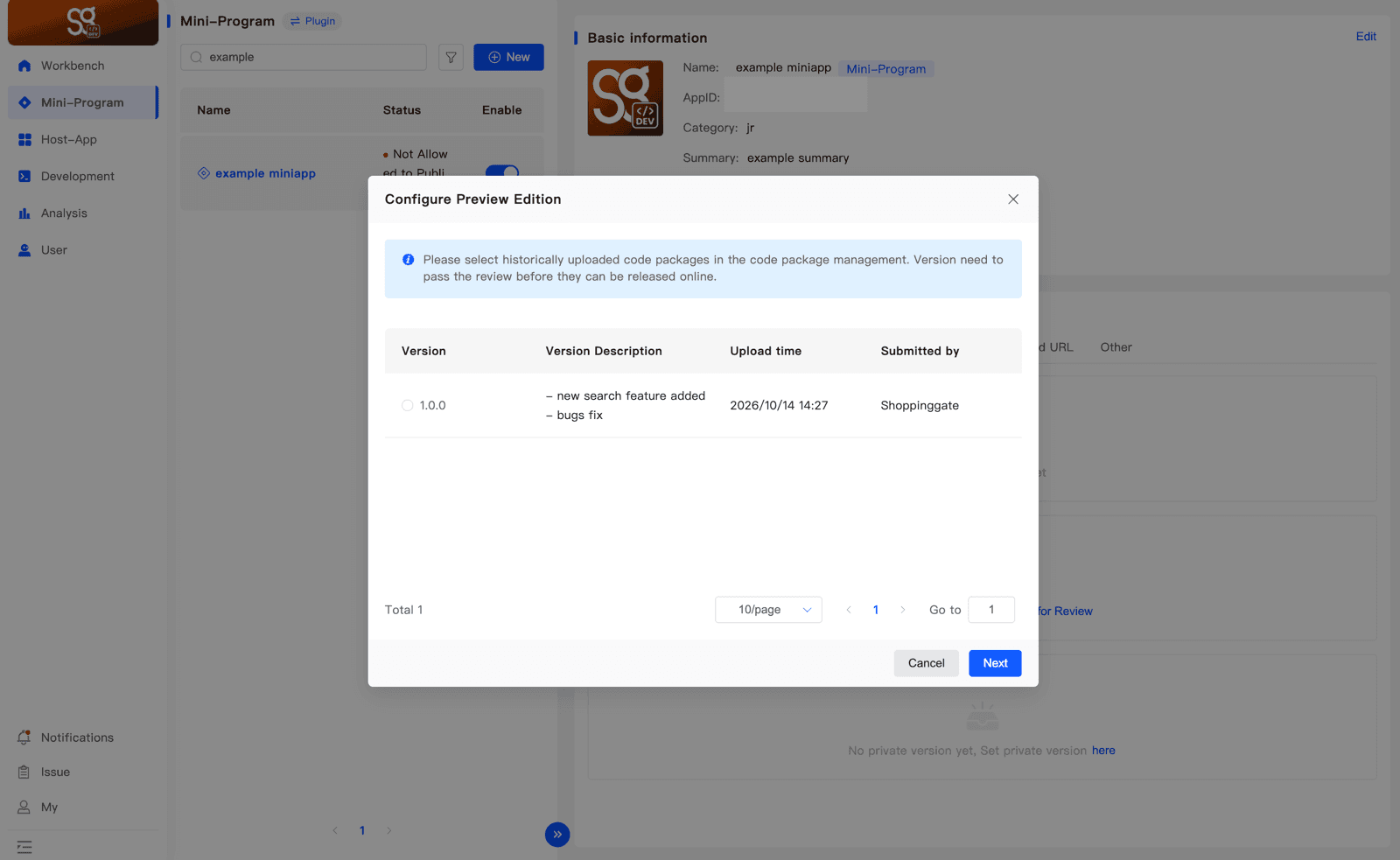 The Configure Preview Edition dialog listing the uploaded code packages
