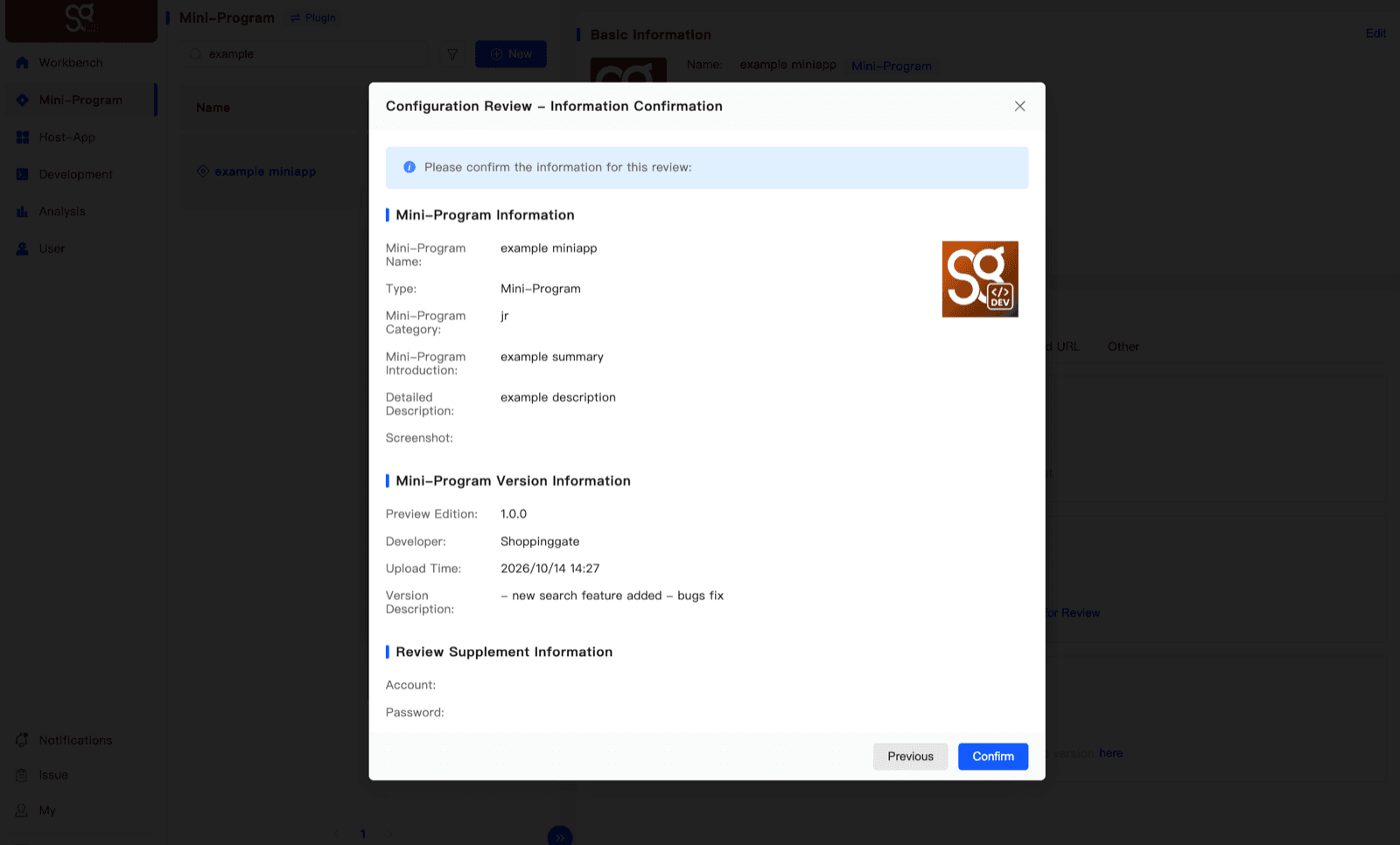 The Information Confirmation dialog showing the Mini App information and the version information