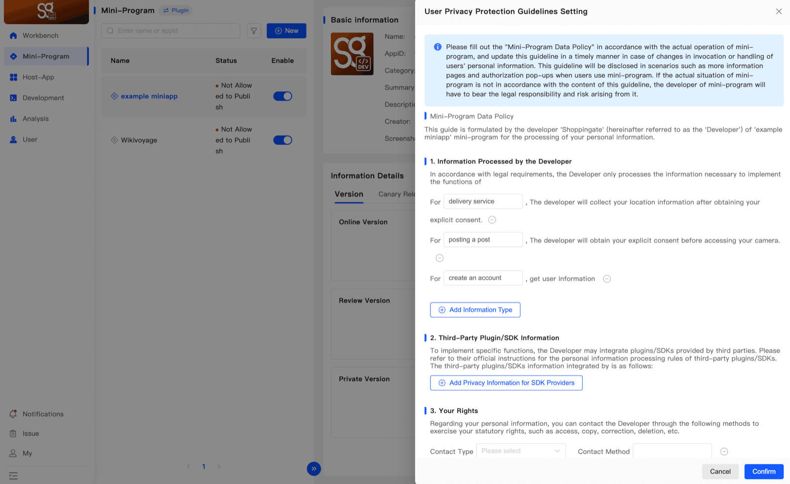 The form with three information rows — delivery service, posting a post and create an account — and the Add Information Type button