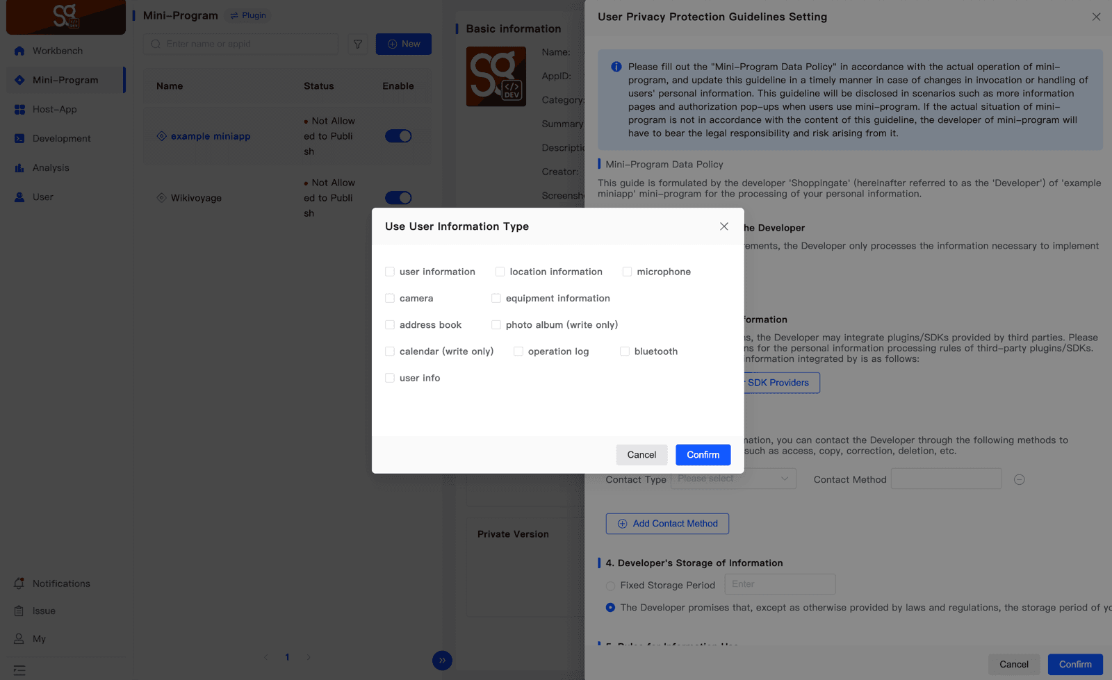 The Use User Information Type dialog with the list of information type checkboxes