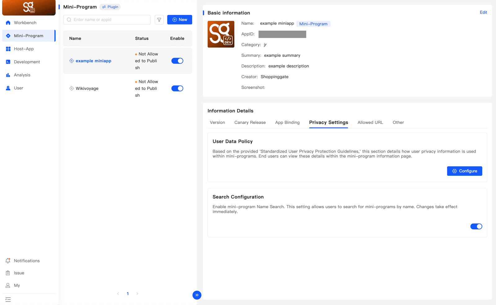 The Search Configuration switch on the Privacy Settings tab