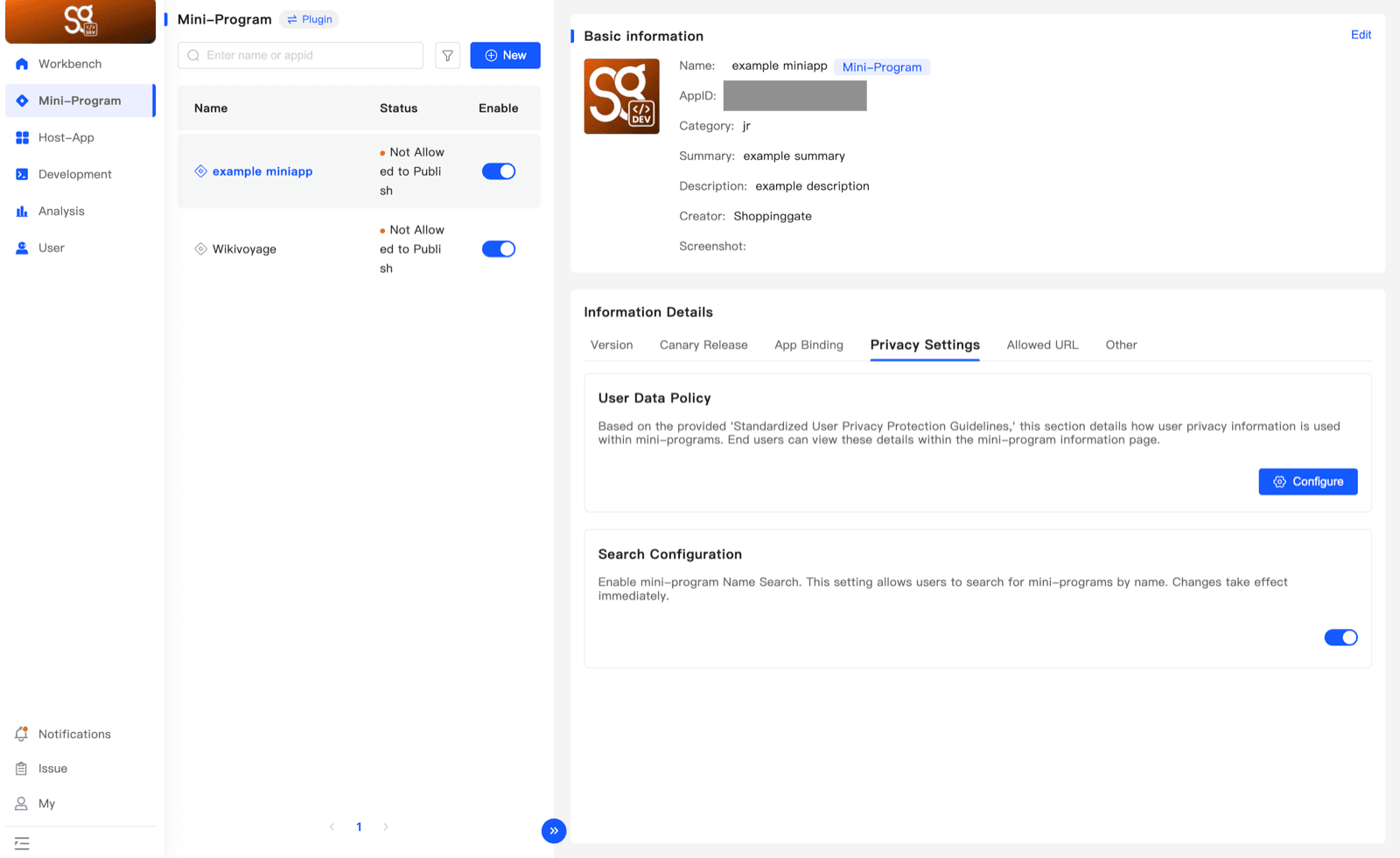 The Privacy Settings tab with the User Data Policy Configure button and the Search Configuration switch