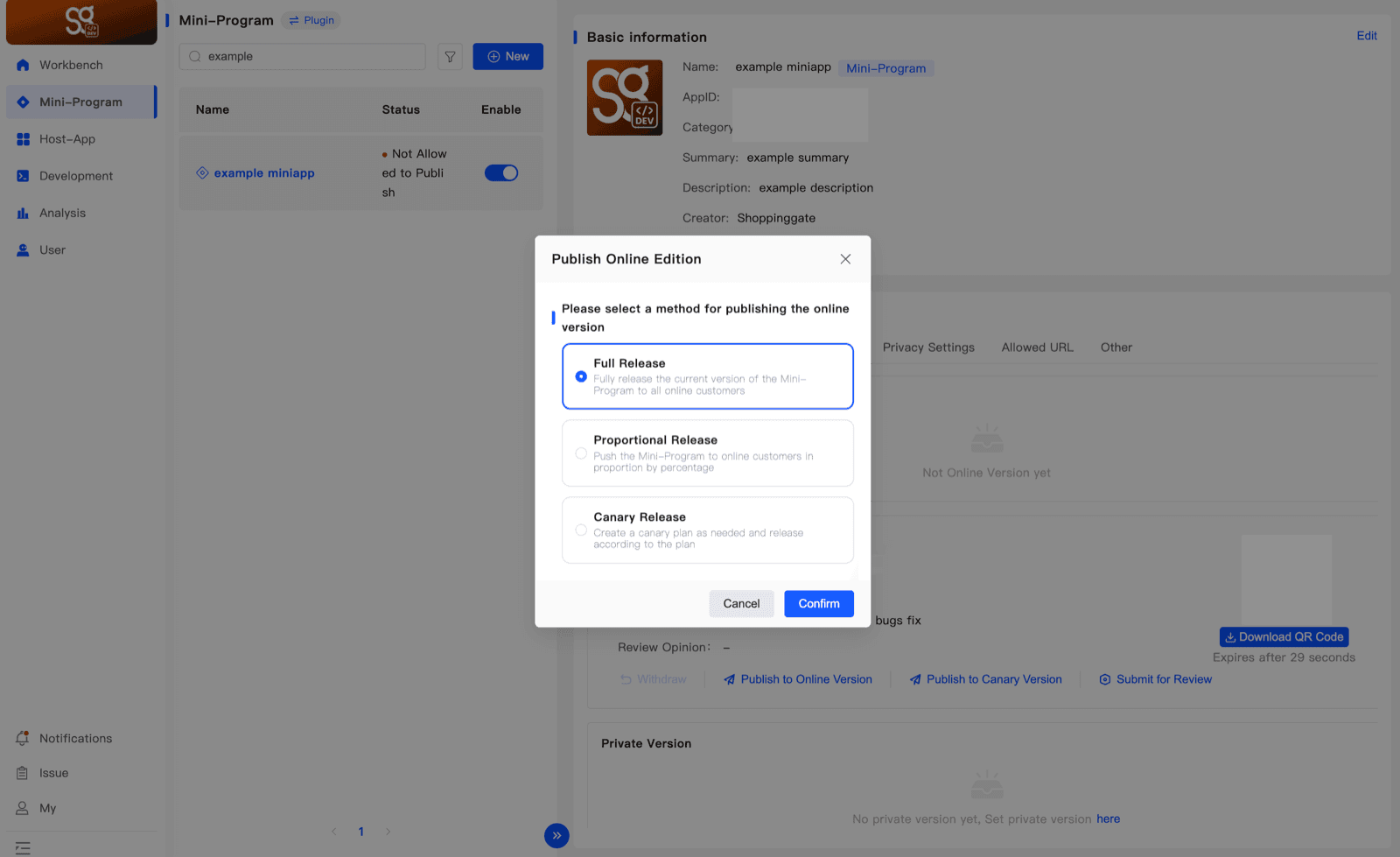 The Publish Online Edition dialog with the Full Release, Proportional Release and Canary Release options