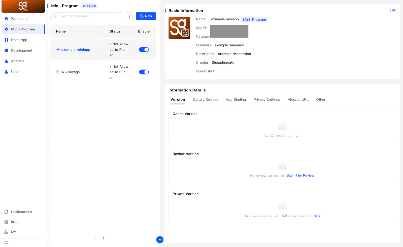The Version tab with the Submit for Review link in the Review Version box