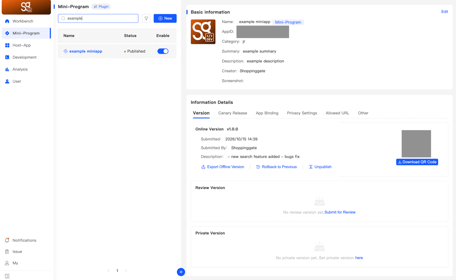 The Mini App with status Published and version 1.0.0 in the Online Version box