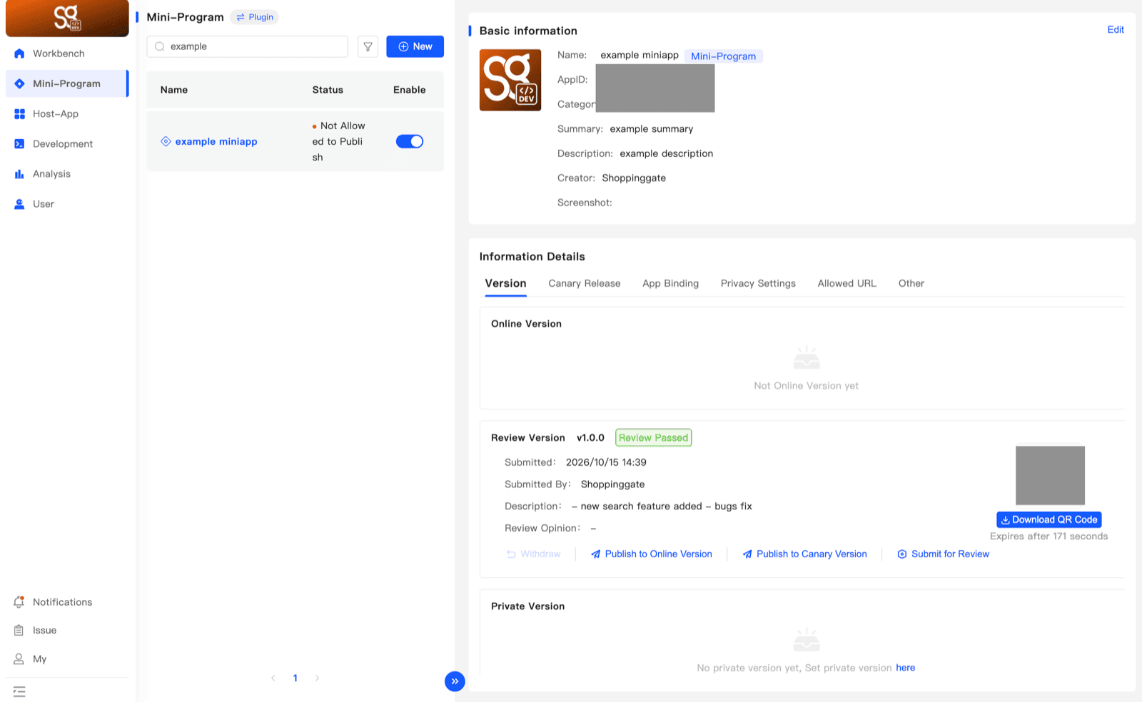 The Review Version box with version 1.0.0 Review Passed and the Publish to Online Version action