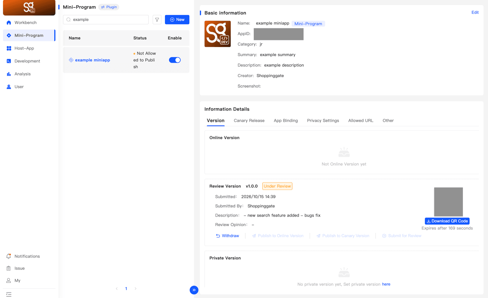The Review Version box with version 1.0.0 Under Review and the Withdraw action