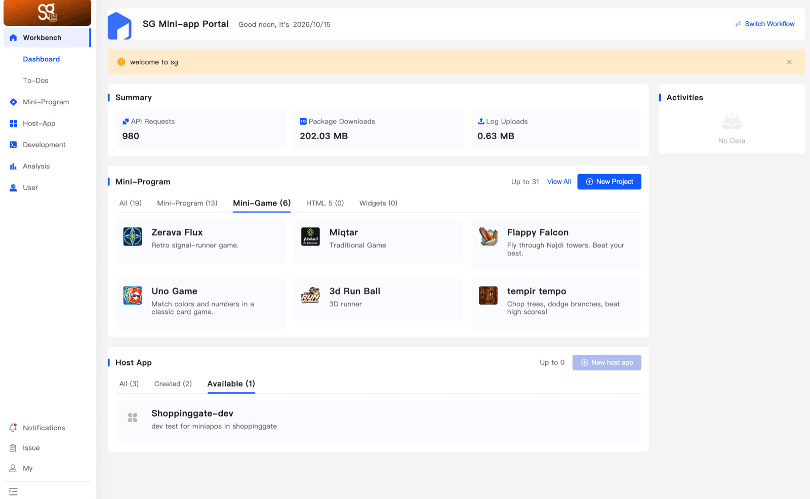The Workbench dashboard with the Summary numbers and the Mini-Program project list