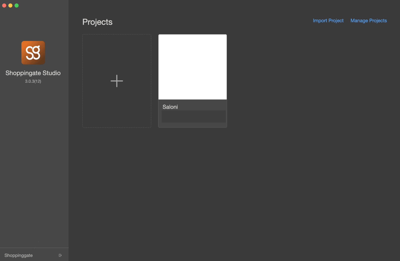 The Projects screen after logging in, with the account name in the lower left corner