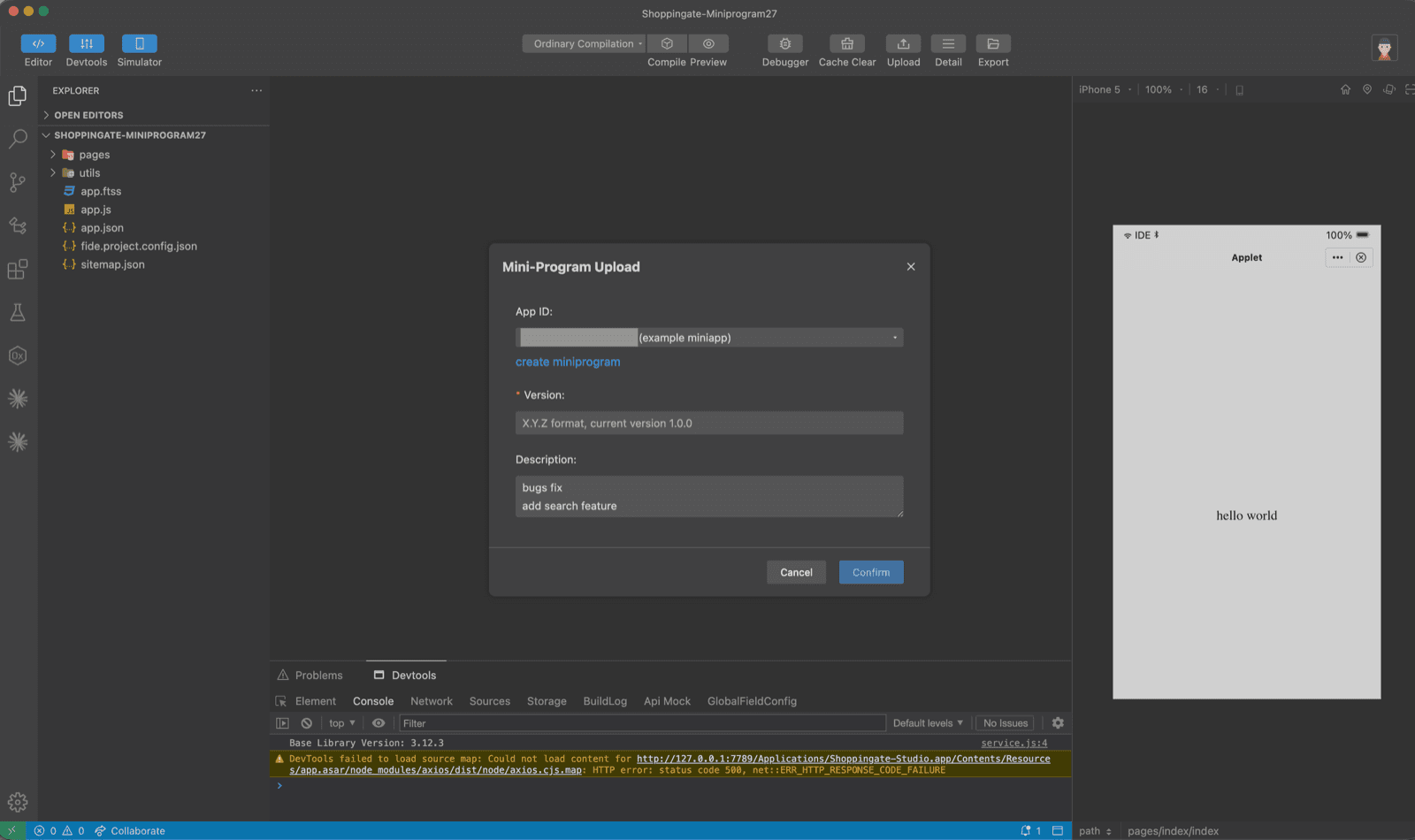 The Mini-Program Upload dialog with the App ID, Version and Description fields