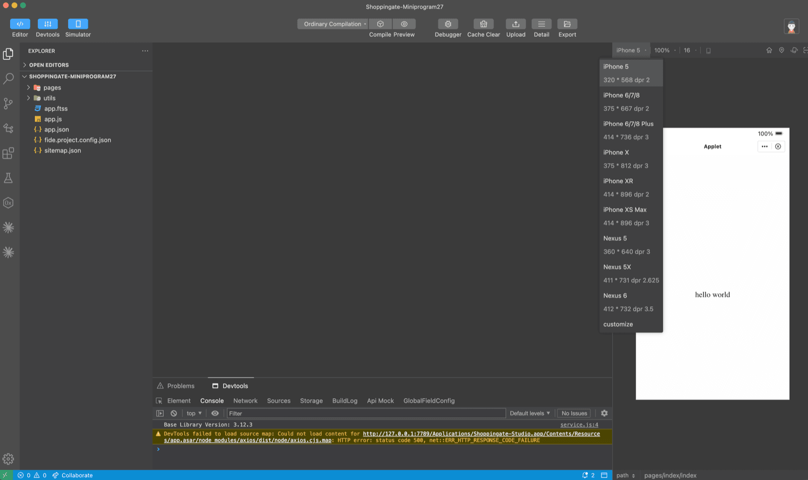 The SG Studio workspace with the file explorer, the Devtools panel and the simulator with its device list open
